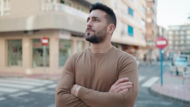 Young Hispanic Man Smiling Confident Standing Arms Crossed Gesture Street — Stok video