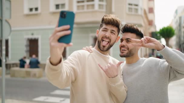 Young Couple Smiling Confident Make Selfie Smartphone Street — Stockvideo
