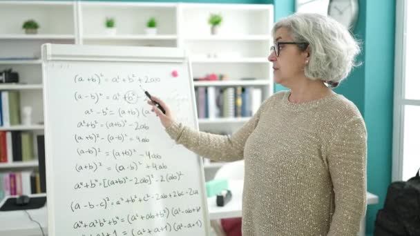 Mulher Meia Idade Com Professor Cabelo Cinza Ensinando Aula Matemática — Vídeo de Stock