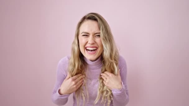 Young Blonde Woman Standing Surprise Expression Isolated Pink Background — 비디오