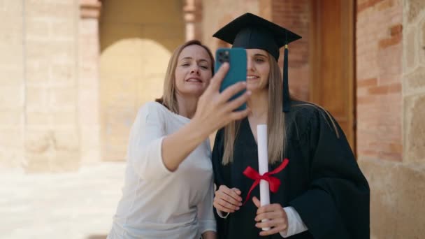 Two Women Mother Graduated Daughter Making Selfie Smartphone Campus University — Stock Video