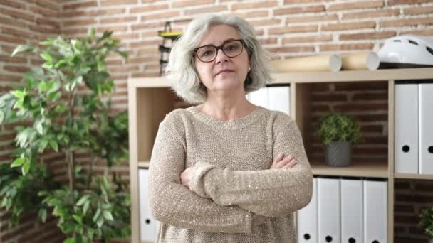 Middle Age Woman Grey Hair Business Worker Smiling Confident Office — Vídeos de Stock