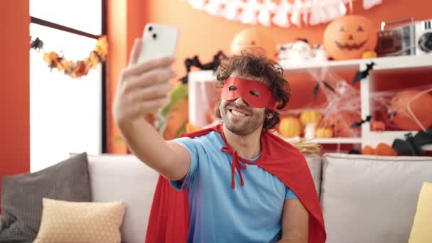 Young Hispanic Man Make Selfie Smartphone Having Halloween Party Home — Stock video