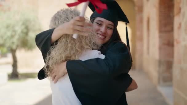 Two Women Mother Graduated Daughter Hugging Each Other Campus University — Stock Video