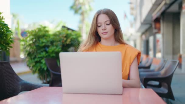 Young Woman Using Laptop Sitting Table Coffee Shop Terrace — Stock video