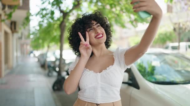 Young Middle East Woman Smiling Confident Make Selfie Smartphone Street — Stock video
