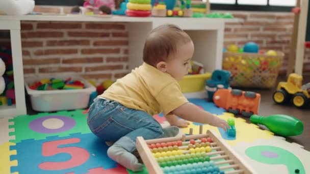 Adorable Hispanic Baby Playing Abacus Sitting Floor Kindergarten — Video Stock