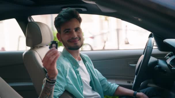 Young Hispanic Man Smiling Confident Holding Key New Car Street — 图库视频影像