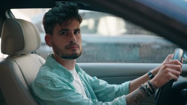 Young Hispanic Man Smiling Confident Driving Car Street — Video