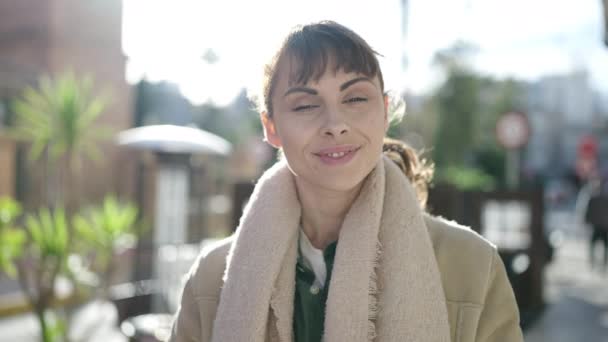 Young Caucasian Woman Smiling Confident Looking Camera Coffee Shop Terrace — Vídeo de Stock