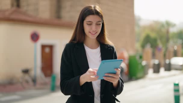 Young Hispanic Girl Smiling Confident Using Touchpad Street — Video