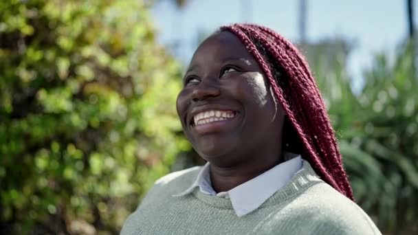 Mulher Africana Com Cabelo Trançado Sorrindo Confiante Parque — Vídeo de Stock