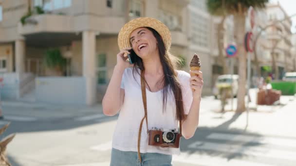 Young Hispanic Woman Tourist Talking Smartphone Eating Ice Cream Street — Wideo stockowe