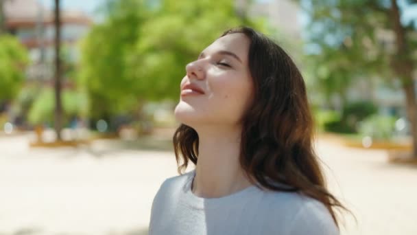 Young Woman Smiling Confident Breathing Park — Vídeo de stock