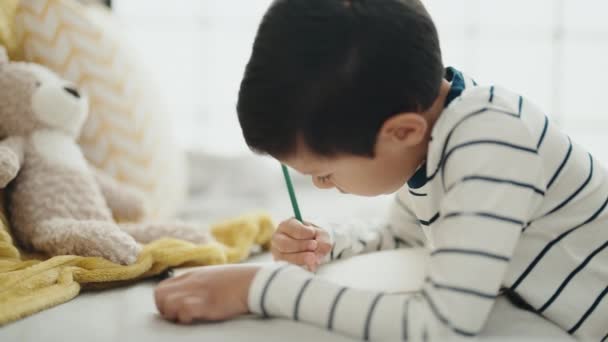 Entzückender Hispanischer Junge Zeichnet Auf Notizbuch Der Hause Auf Dem — Stockvideo