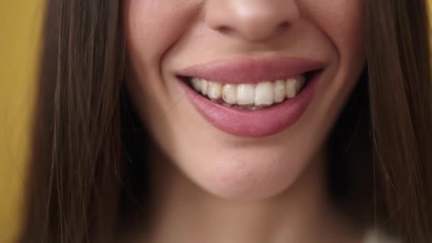 Jong Mooi Latino Vrouw Dragen Aligner Glimlachen Zelfverzekerd Geïsoleerde Gele — Stockvideo
