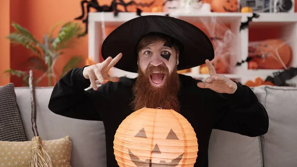 Young Redhead Man Wearing Wizard Costume Doing Scare Expression Home — Stock Photo, Image