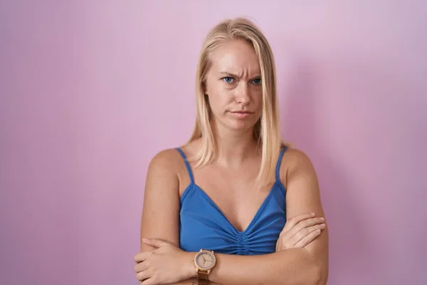 Young Caucasian Woman Standing Pink Background Skeptic Nervous Disapproving Expression — Foto de Stock