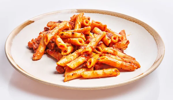 Delicious Plate Italian Macaroni Tomato Sauce Isolated White Background — Stock Photo, Image