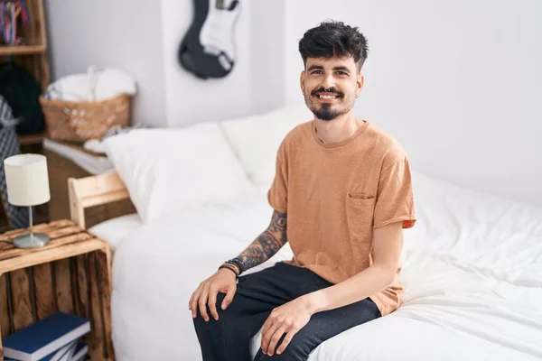 Young Hispanic Man Smiling Confident Sitting Bed Bedroom — Foto de Stock
