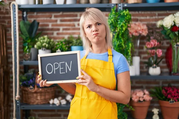 Young Caucasian Woman Working Florist Holding Open Sign Skeptic Nervous — Stock Photo, Image