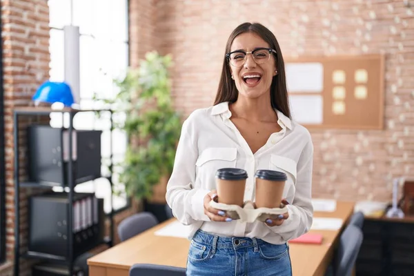 Young Brunette Woman Working Office Holding Take Away Coffee Smiling — Stock Photo, Image