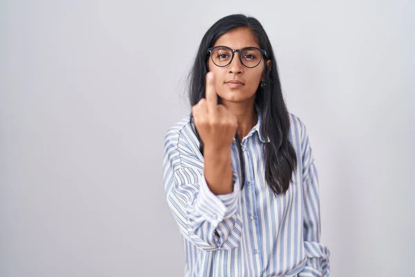 Young Hispanic Woman Wearing Glasses Showing Middle Finger Impolite Rude — Stock Photo, Image