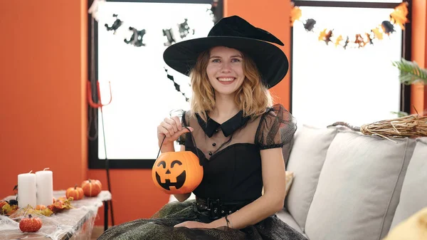 Young Blonde Woman Wearing Halloween Costume Holding Pumpkin Basket Home — 图库照片