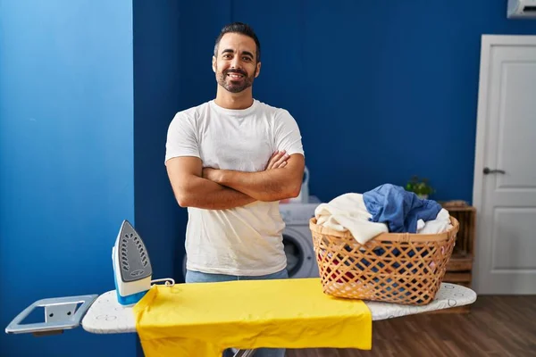 Young Hispanic Man Beard Ironing Clothes Home Happy Face Smiling — Stock Photo, Image