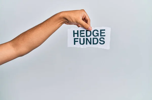 Hand Caucasian Man Holding Paper Hedge Funds Message Isolated White — Stock Photo, Image
