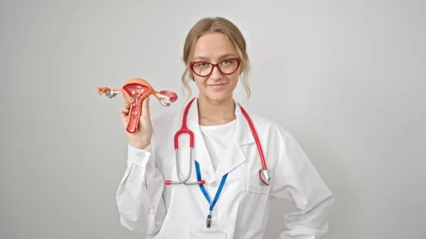 年轻的金发女医生在孤立的白色背景下进行子宫解剖模型的研究 — 图库照片