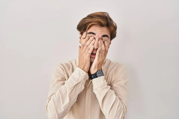 Young Man Standing Isolated Background Rubbing Eyes Fatigue Headache Sleepy — Fotografia de Stock