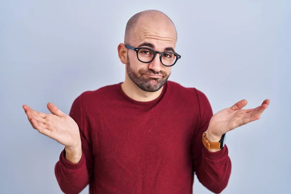Young Bald Man Beard Standing White Background Wearing Glasses Clueless — Stock Photo, Image
