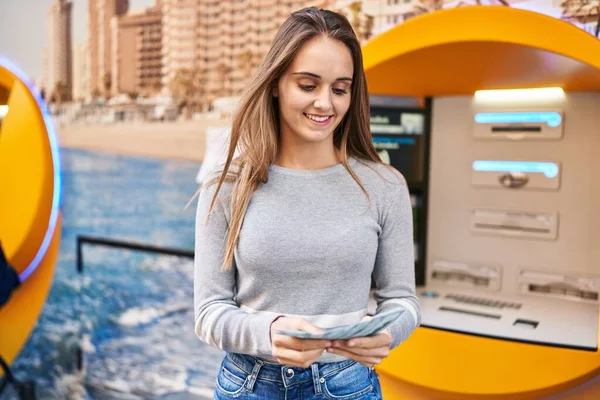 Young Blonde Woman Smiling Confident Holding Dollars Cashier Street — Stock Photo, Image
