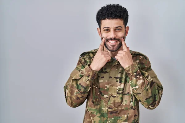 Arab Man Wearing Camouflage Army Uniform Smiling Open Mouth Fingers — Stock Photo, Image
