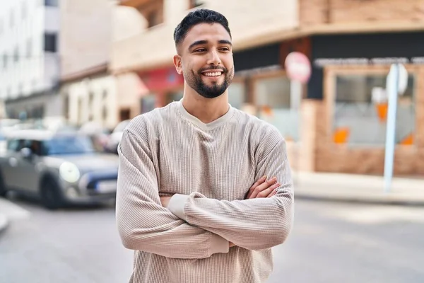 Young Arab Man Smiling Confident Standing Arms Crossed Gesture Street — 스톡 사진