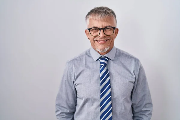 Homem Negócios Hispânico Com Cabelos Grisalhos Usando Óculos Com Sorriso — Fotografia de Stock