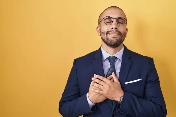 Hispanic Man Beard Wearing Suit Tie Smiling Hands Chest Closed — Stock Photo, Image
