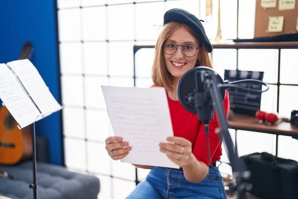 Young Redhead Woman Artist Singing Song Music Studio — Stockfoto