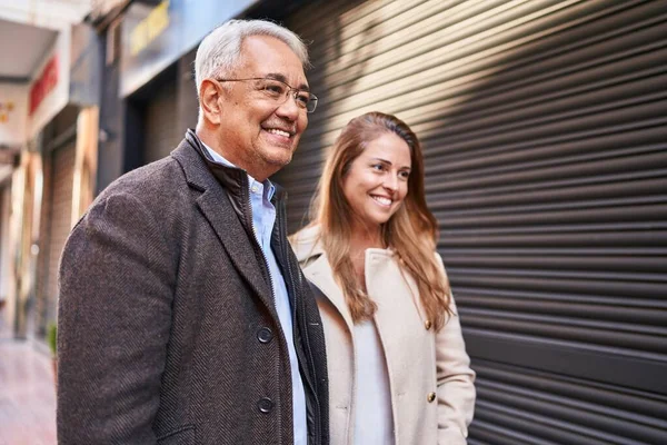 Middle Age Man Woman Couple Smiling Confident Standing Together Street — ストック写真
