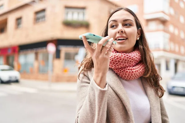 Young Beautiful Hispanic Woman Talking Smartphone Wearing Scarf Street — 스톡 사진