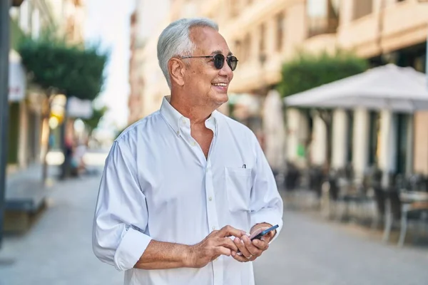 Middle Age Grey Haired Man Smiling Confident Using Smartphone Street — Stock Photo, Image