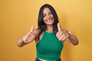 Sarı arka planda duran esmer kadın elleriyle olumlu jest yapmayı onaylıyor, gülümsüyor ve başarı için mutlu. kazanan jest. 