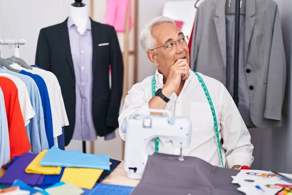 Middle Age Man Grey Hair Dressmaker Using Sewing Machine Thinking — Stock Photo, Image