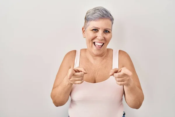 Middle Age Caucasian Woman Standing White Background Pointing Fingers Camera — Stock Photo, Image