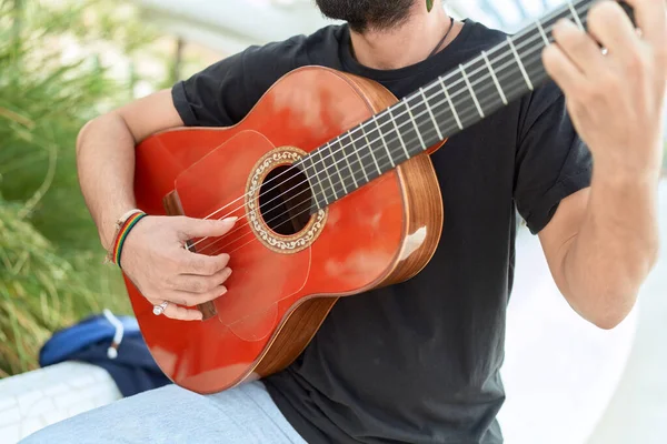 Young Hispanic Man Musician Playing Classical Guitar Park — Stockfoto