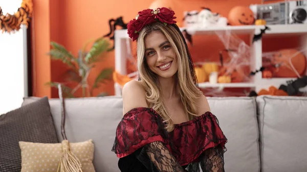 Young Blonde Woman Wearing Katrina Costume Having Halloween Party Home — Stock Fotó