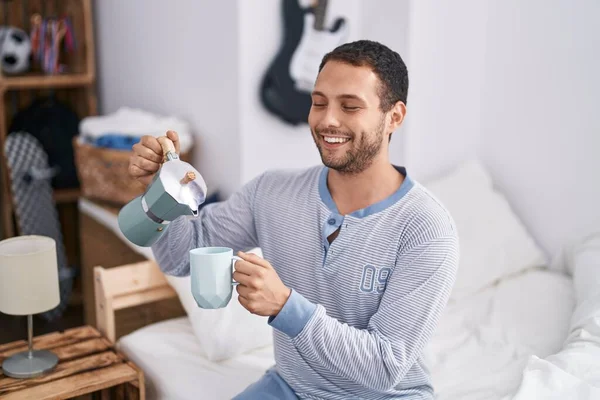 Young Man Drinking Cup Coffee Sitting Bed Bedroom — Stockfoto