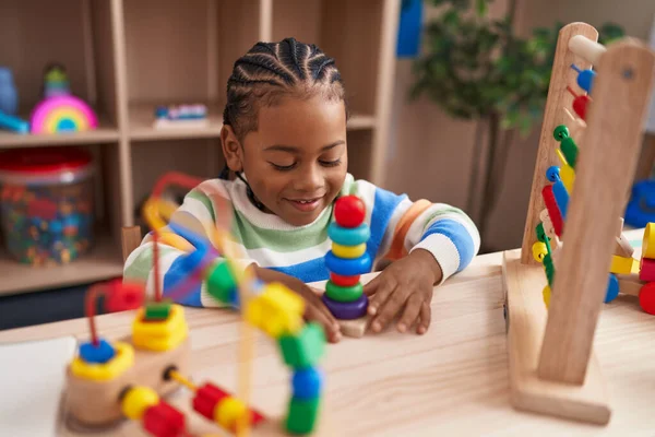 African American Boy Playing Hoops Game Sitting Table Kindergarten — Stock Photo, Image