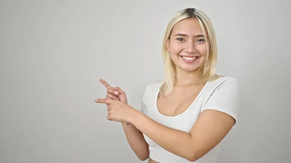 Young Beautiful Hispanic Woman Smiling Confident Pointing Fingers Side Isolated — Stockfoto